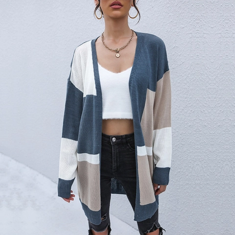 Cardigan in Maglia Colorblock Casual da Donna Manica Lunga Aperto Davanti Patchwork Maglione Lungo Elegante Autunno Soprabito