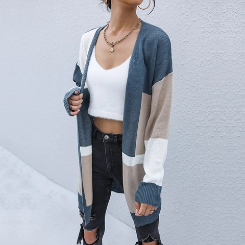 Cardigan in Maglia Colorblock Casual da Donna Manica Lunga Aperto Davanti Patchwork Maglione Lungo Elegante Autunno Soprabito