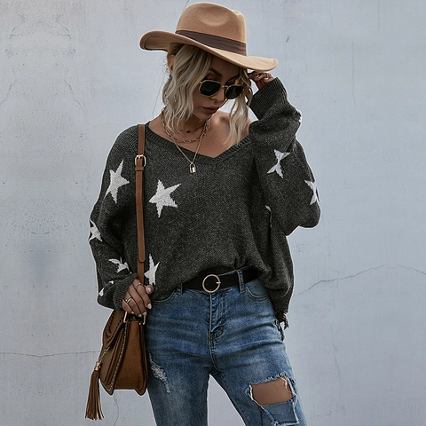 Damen Oversize V-Ausschnitt Strickpullover Distressed Fransensaum Sternenprint Pullover Langarm Casual Streetwear Oberteil