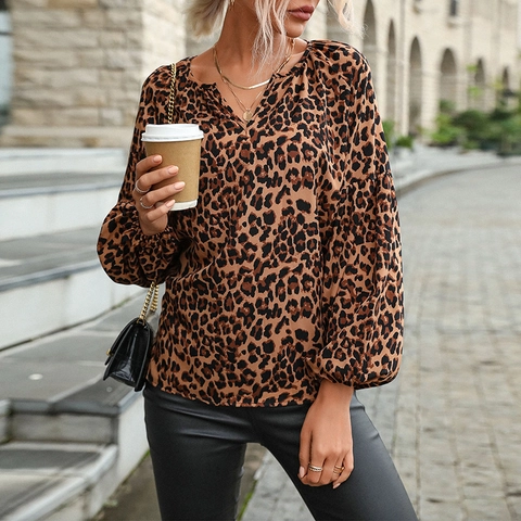 Blusa de Poliéster con Estampado de Leopardo para Mujer Cuello en V Manga Larga Farol Camisa Holgada Casual Oficina