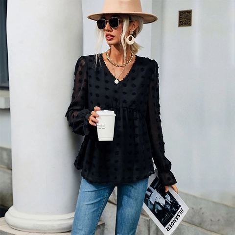 Damen Elegant V Ausschnitt Bluse Langarm Schweizer Punkt Mesh Chiffon Top Rüschenärmel Spitze Lose Schwarz Büro Hemd
