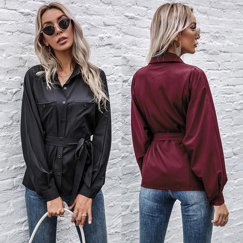 Damen Eleganz Revers Langarm Hemd Bluse Mit Bindegürtel Einreihig Einfarbig Büro Pendler Mode Top
