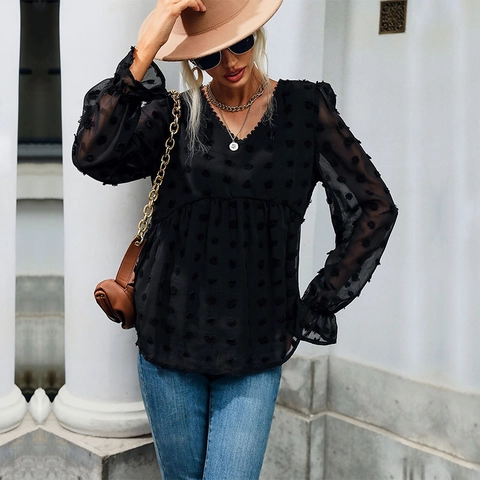 Camicetta Elegante da Donna Scollo a V Manica Lunga Punto Svizzero Mesh Chiffon Top Volant Pizzo Nero Ufficio
