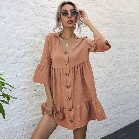 Women V Neck Lapel Mini Dress Cotton Blend Patchwork Ruffle Bell Sleeve Single Breasted Tiered Short Dress Casual Loose Autumn Tunic