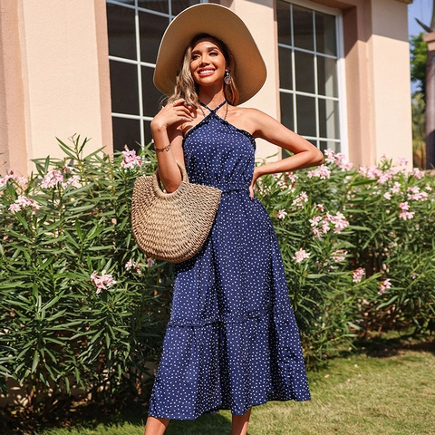 Stippen Halter Rugloos Midi Jurk Voor Dames Zomer Vakantie Stufenrok Ruffles A-Lijn Mouwloos Polyester Hoge Taille Jurk
