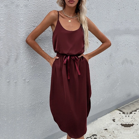 Elegante Abito Midi in Raso con Spalline Sottili da Donna Sexy Spacco Laterale Cintura da Annodare Senza Maniche Estivo Festa