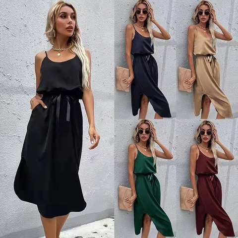 Elegante Abito Midi in Raso con Spalline Sottili da Donna Sexy Spacco Laterale Cintura da Annodare Senza Maniche Estivo Festa