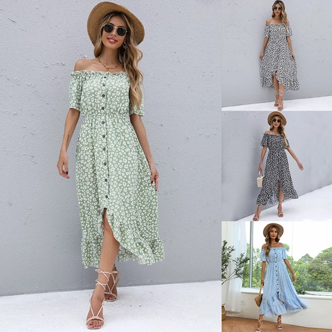 Robe à Fleurs Épaules Dénudées pour Femmes Été Manches Courtes Boutons Volants Ourlet Irrégulier Robe Midi de Plage