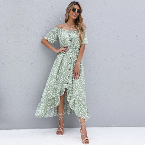 Vestido Maxi de Mujer con Hombros Descubiertos Estampado Floral Volantes Dobladillo Irregular Botones Cintura Fruncida Verano Vacaciones