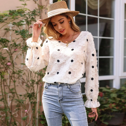 Camicetta da Donna con Scollo a V e Pois Manica Lunga in Chiffon con Texture 3D Top Casual Largo Trasparente Pullover