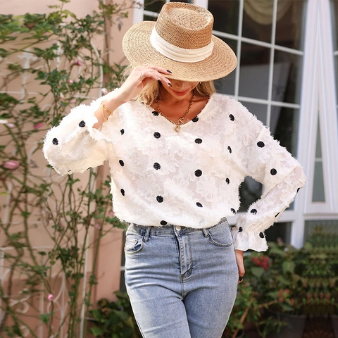 Camicetta da Donna con Scollo a V e Pois Manica Lunga in Chiffon con Texture 3D Top Casual Largo Trasparente Pullover