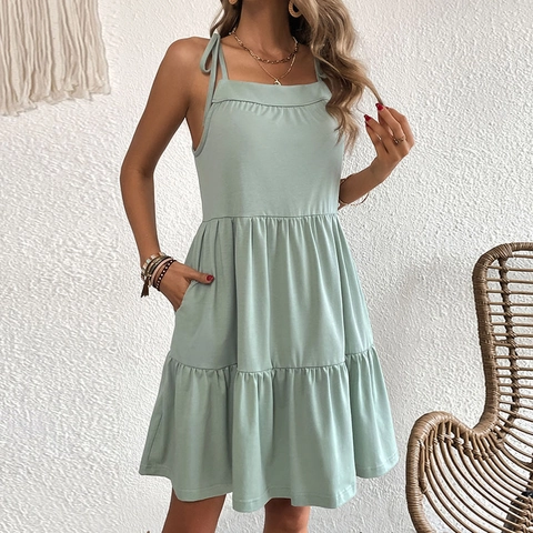 Abito Mini a Balze Scollo Quadrato Francese Con Spalline Fiocco Verde Salvia Poliestere Linea ad A Vestito Estate Donna