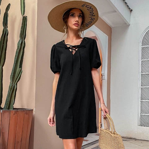 Vestido de Mujer con Cuello en V y Lazo Manga Corta Color Sólido Mezcla de Algodón Manga Abullonada Casual Mini Vestido