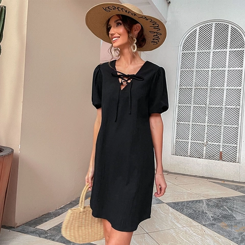 Vestido de Mujer con Cuello en V y Lazo Manga Corta Color Sólido Mezcla de Algodón Manga Abullonada Casual Mini Vestido
