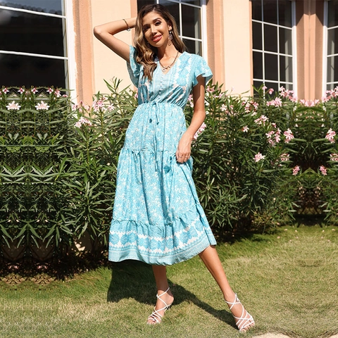 Damen Boho Blumen V-Ausschnitt Kurzarm Maxikleid Knöpfe Kordelzug Taille Rüschensaum Gestuftes A-Linien Sommer Urlaubskleid