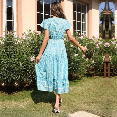 Damen Boho Blumen V-Ausschnitt Kurzarm Maxikleid Knöpfe Kordelzug Taille Rüschensaum Gestuftes A-Linien Sommer Urlaubskleid