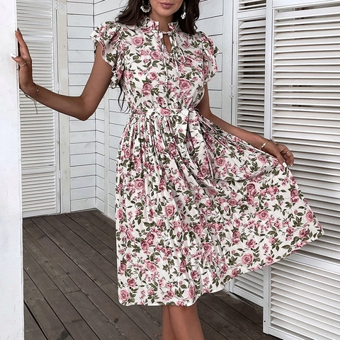 Damen Sommer Blumen Midi Kleid Elegant Rüschenärmel Stehkragen Bindegürtel A Linie Falten Urlaub Strand Kleid