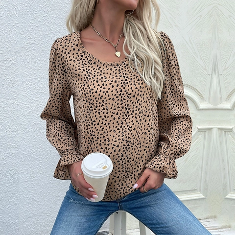 Women's Casual Leopard Print Polka Dot Long Sleeve Blouse Fashion Round Neck Ruffle Cuff Loose Pullover Printed Shirt Top