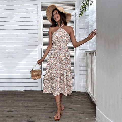 Dames Zomer Bloemen Halter Midi Jurk Boho A-Lijn Mouwloos Gesmokte Taille Gelaagde Ruffles Strand Vakantie Polyester Jurk