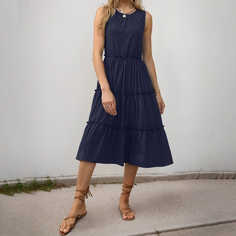 Vestito Midi a Strati Senza Maniche da Donna Elegante Vita Arricciata Tinta Unita Vacanze Estive Gonna a Trapezio Abito da Festa