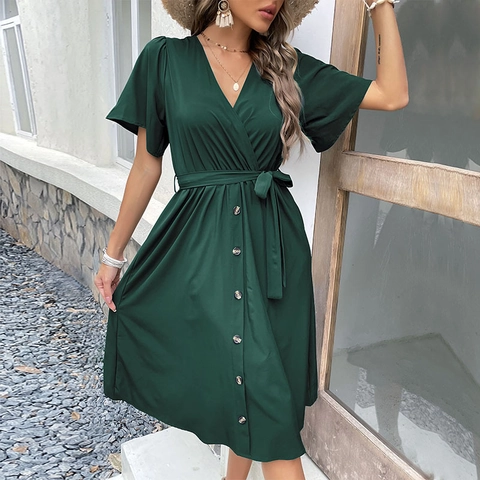 Damen Sommer V-Ausschnitt Flügelärmel Schnürung Taille Knopfdekor A-Linie Midi Kleid Lässig Elegant Einfarbig Urlaub Party Kleid