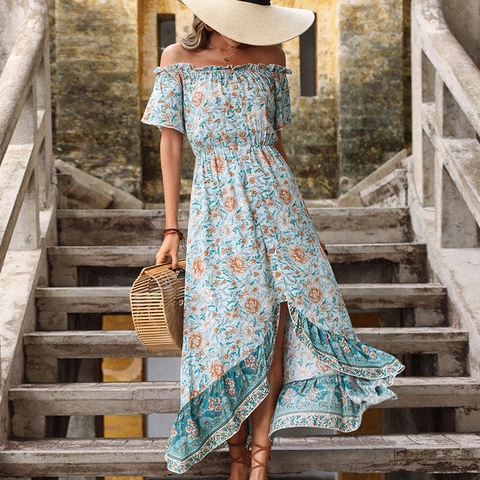 Damen Böhmisches Schulterfreies Blumen Maxi Kleid Sommer Rüschen Vokuhila Unregelmäßiger Saum Strand Urlaub Langes Viskose Kleid