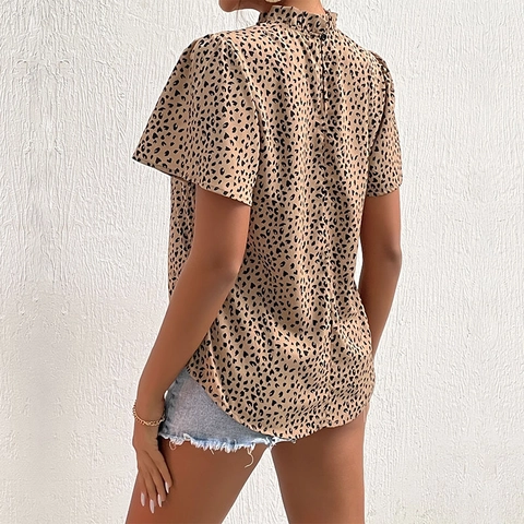 Women's Vintage Leopard Print Mock Neck Ruffle Short Sleeve Blouse Casual Loose Polyester Shirt Top For Women Khaki