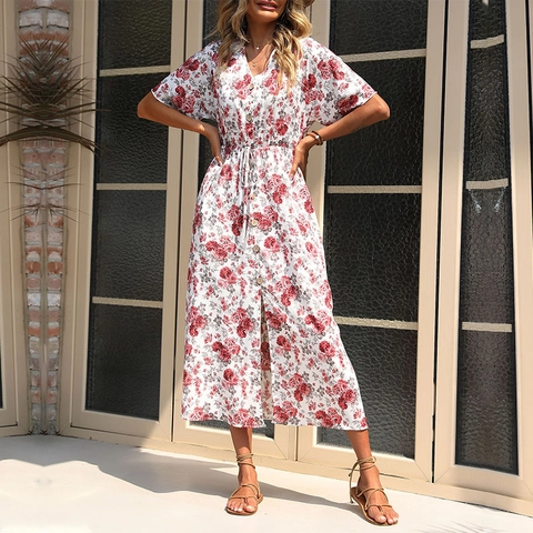 Vestito Maxi da Donna con Scollo a V Stampa Floreale Rosa Manica Corta a Farfalla Coulisse in Vita Alta Spacco Linea A Estate Vacanza Boho