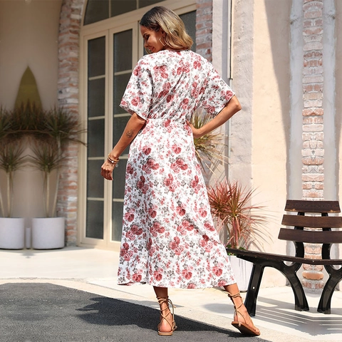 Vestito Maxi da Donna con Scollo a V Stampa Floreale Rosa Manica Corta a Farfalla Coulisse in Vita Alta Spacco Linea A Estate Vacanza Boho