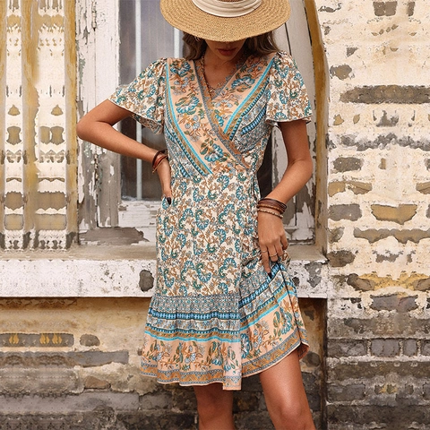 Abito Mini da Donna Boho Scollo a V a Portafoglio Vintage Etnico Stampa Paisley Floreale Manica Corta Volant Viscosa Estate