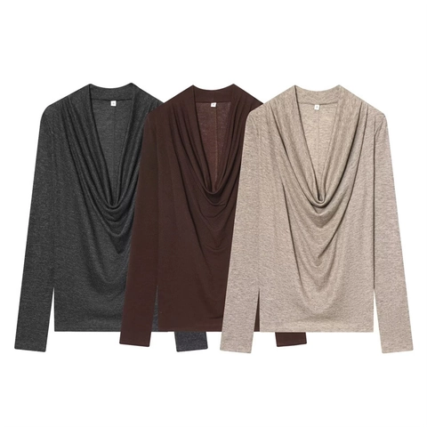 Haut à Manches Longues avec Col Bénitier Femme Élégant T-Shirt en Tricot Mélange Cachemire Pullover Décontracté Doux et Chaud