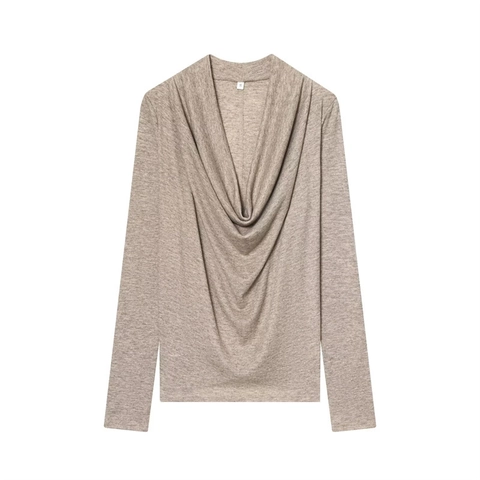 Haut à Manches Longues avec Col Bénitier Femme Élégant T-Shirt en Tricot Mélange Cachemire Pullover Décontracté Doux et Chaud