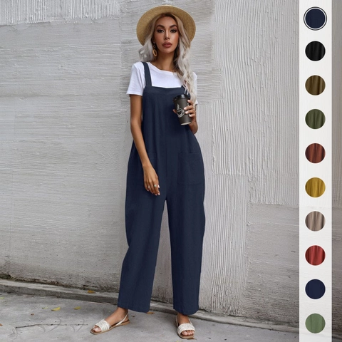 Women Casual Sleeveless Cami Jumpsuit Wide Leg Overalls With Pockets Vintage High Waist Loose Long Romper For Summer Daily