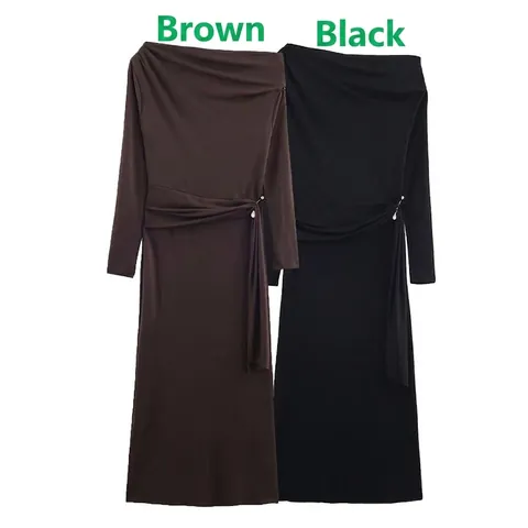 Vestido Maxi Elegante para Mujer Asimétrico con Hombros Descubiertos Manga Larga Fruncido de Punto Suave Color Sólido con Perla Artificial