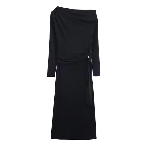 Vestido Maxi Elegante para Mujer Asimétrico con Hombros Descubiertos Manga Larga Fruncido de Punto Suave Color Sólido con Perla Artificial
