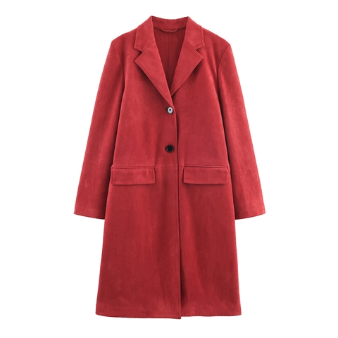 Trench-coat Décontracté en Suédine pour Femmes Mi-Long Col Tailleur Boutonnage Simple Couleur Unie Avec Poches Manteau Rétro