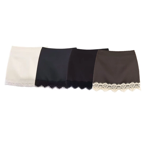Jupe-culotte Élégante en Satin pour Femmes Avec Bordure en Dentelle de Cils Taille Haute Ligne A pour Bureau