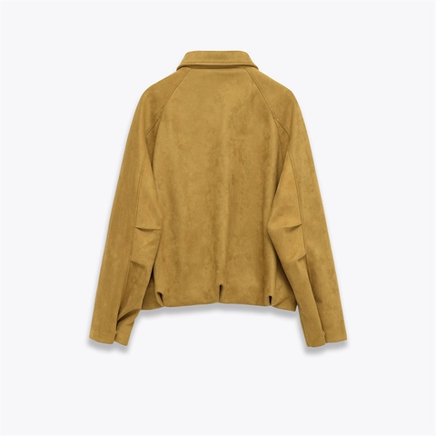 Women Casual Faux Suede Bomber Jacket Lapel Long Sleeve Solid Color Zip Up Outerwear Ginger Yellow Autumn Winter Coat