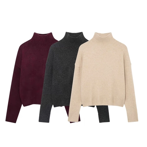 Women's High Neck Knit Sweater Casual Loose Drop Shoulder Long Sleeve Solid Color Soft Warm Pullover Top For Autumn Winter