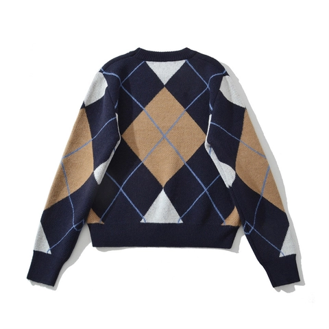 Suéter de punto Argyle informal holgado para mujer Manga larga Cuello redondo Estilo vintage británico Top de punto