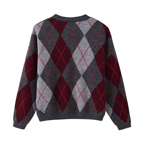 Suéter de Punto Argyle Retro para Mujer Jersey de Manga Larga con Cuello Redondo Suelto Jacquard de Bloques de Color Otoño Invierno