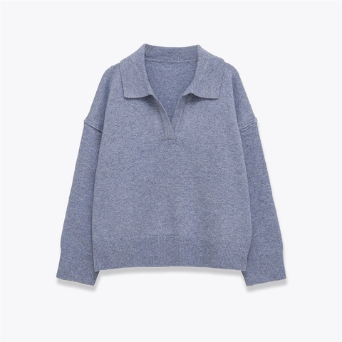 Women Casual Polo Knit Sweater V Neck Long Sleeve Polyester Blend Dropped Shoulder Loose Pullover Knitwear Tops