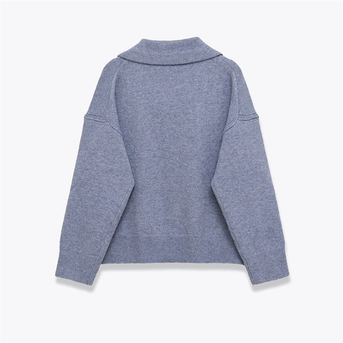 Women Casual Polo Knit Sweater V Neck Long Sleeve Polyester Blend Dropped Shoulder Loose Pullover Knitwear Tops