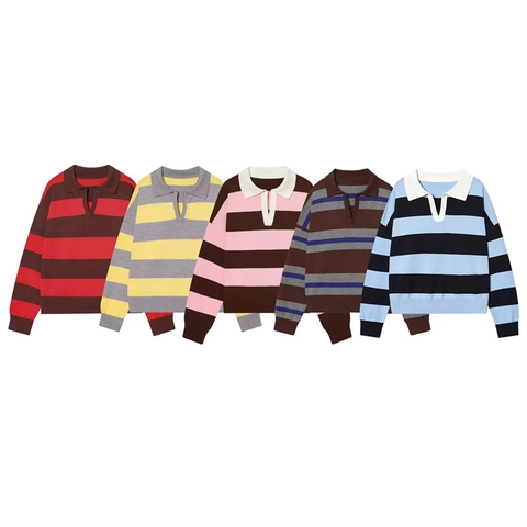Women Casual Striped Polo Neck Knitwear Vintage Long Sleeve V-Neck Drop Shoulder Sweater Pullover Tops
