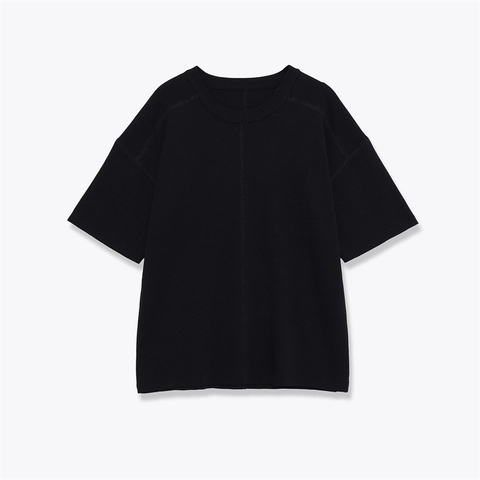 Women's Casual Crew Neck Short Sleeve Knit T-Shirt Minimalist Solid Color Drop Shoulder Top With Center Vertical Seam