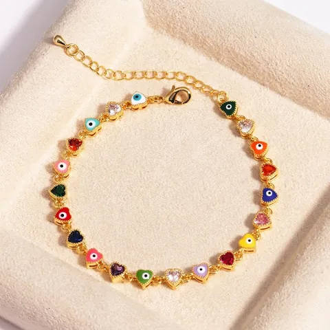 Herzförmiges Evil Eye Armband Messing Vergoldet Bunte Emaille Zirkonia Verstellbare Gliederkette Modeschmuck Für Damen