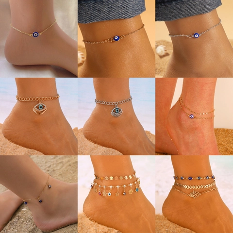 Evil Eye Anklets Alloy Rhinestone Boho Retro Multilayer Foot Chain Jewelry For Women Beach Accessories