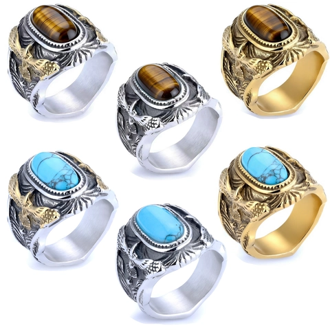 Vintage Men Stainless Steel Ring With Turquoise Inlay Eagle Feather Carved Pattern Retro Punk Biker Band