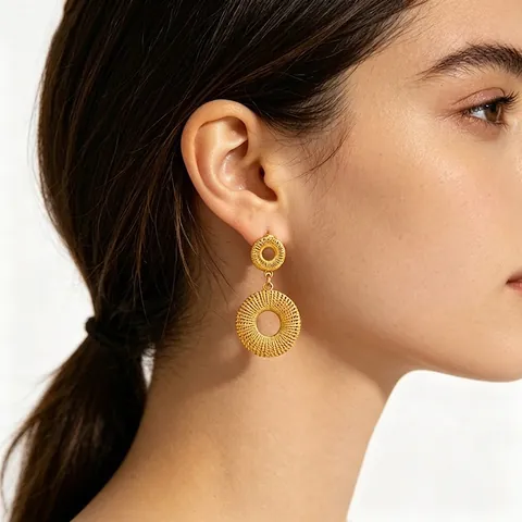 Edelstahl Doppelkreis Hängeohrringe Gewebte Textur 18K Vergoldet Retro Mode Schmuck Für Damen