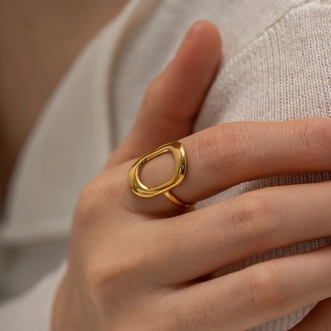 Stainless Steel Hollow Geometric Oval Ring Waterproof Non-Fading Minimalist Ins Style Fashion Jewelry For Women